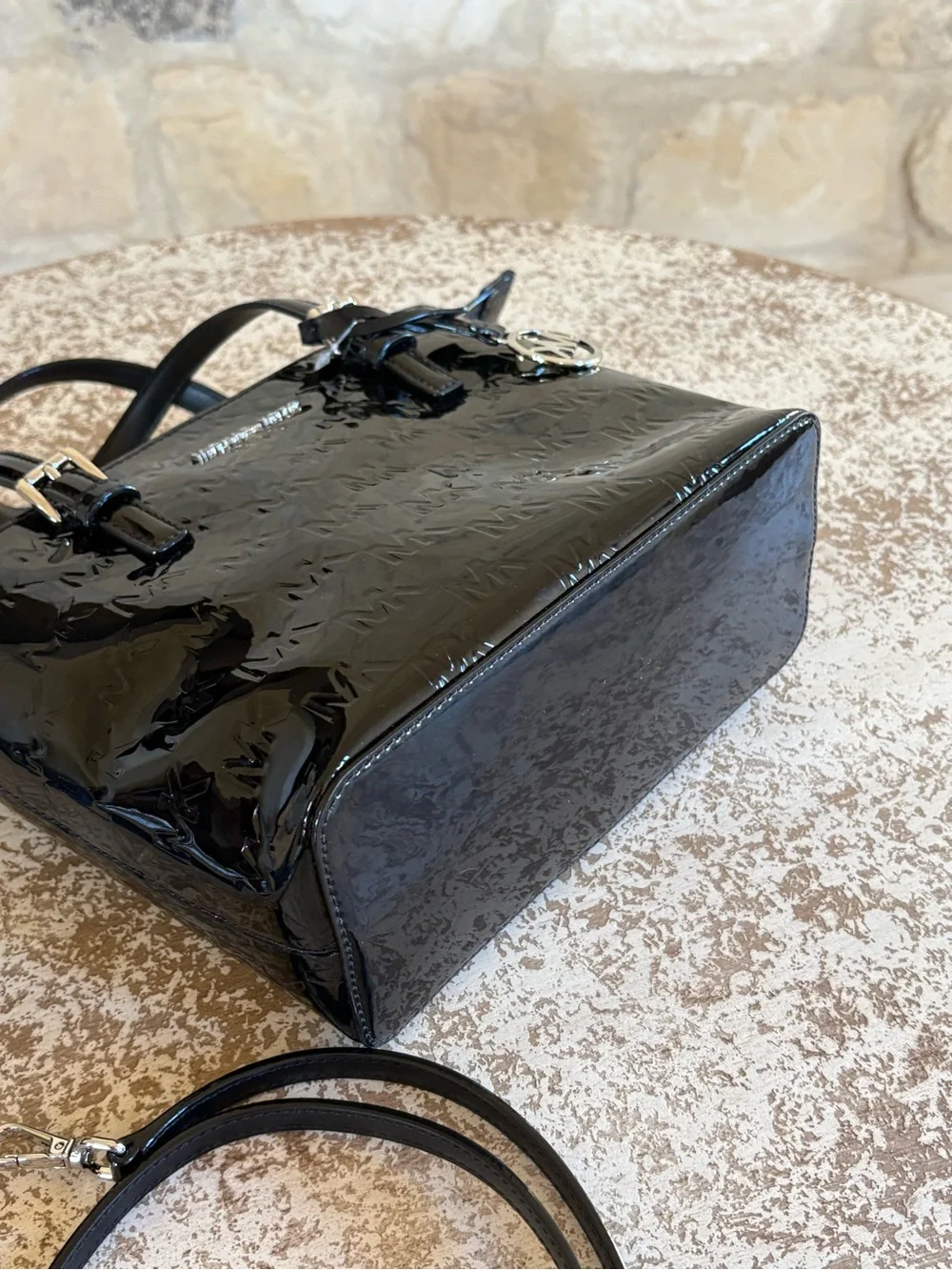 Michael Kors Black Patent Leather Satchel with Logo Charm